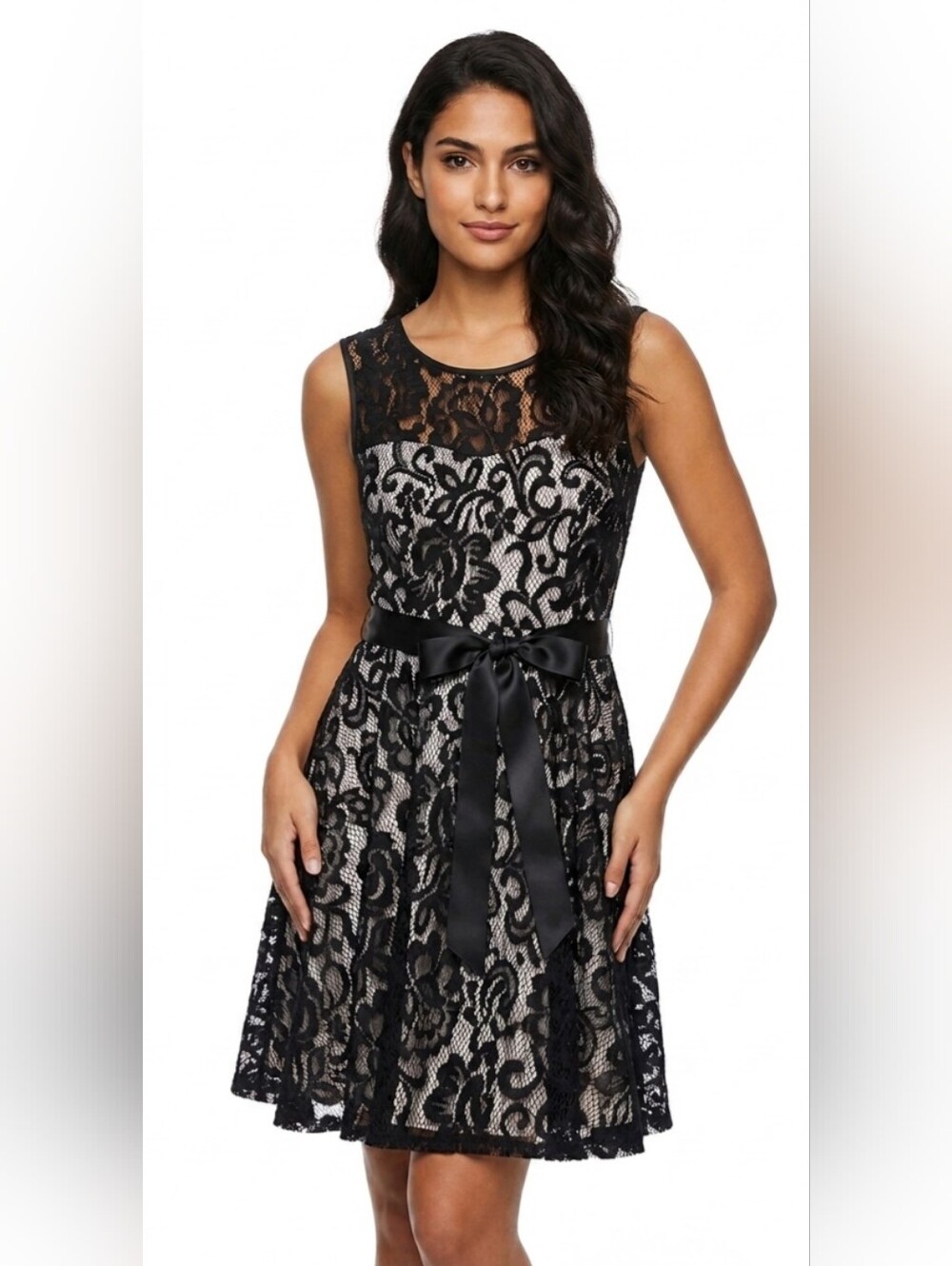 Betsy & Adam Black Lace Fit-and-Flare Midi Dress with Black Bow Size 12